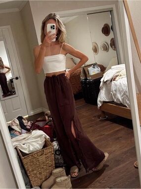 Free People Brown Wide-Leg Split Hem Maxi Pants